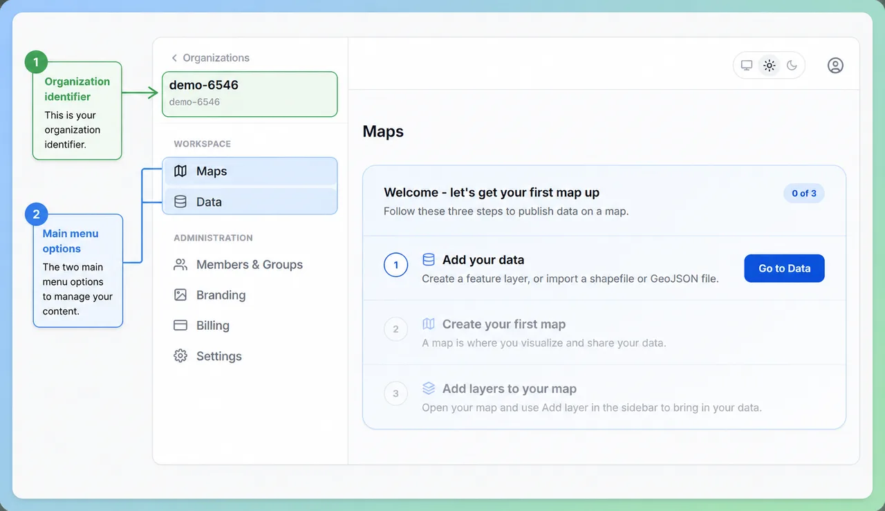 An organization workspace showing the Maps and Data items in the left sidebar